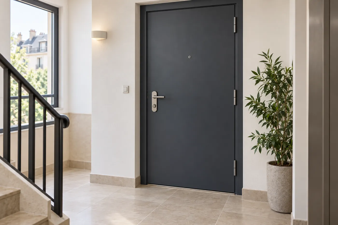 Porte d'entrée blindée gris ardoise sur le palier d'une résidence à Poissy