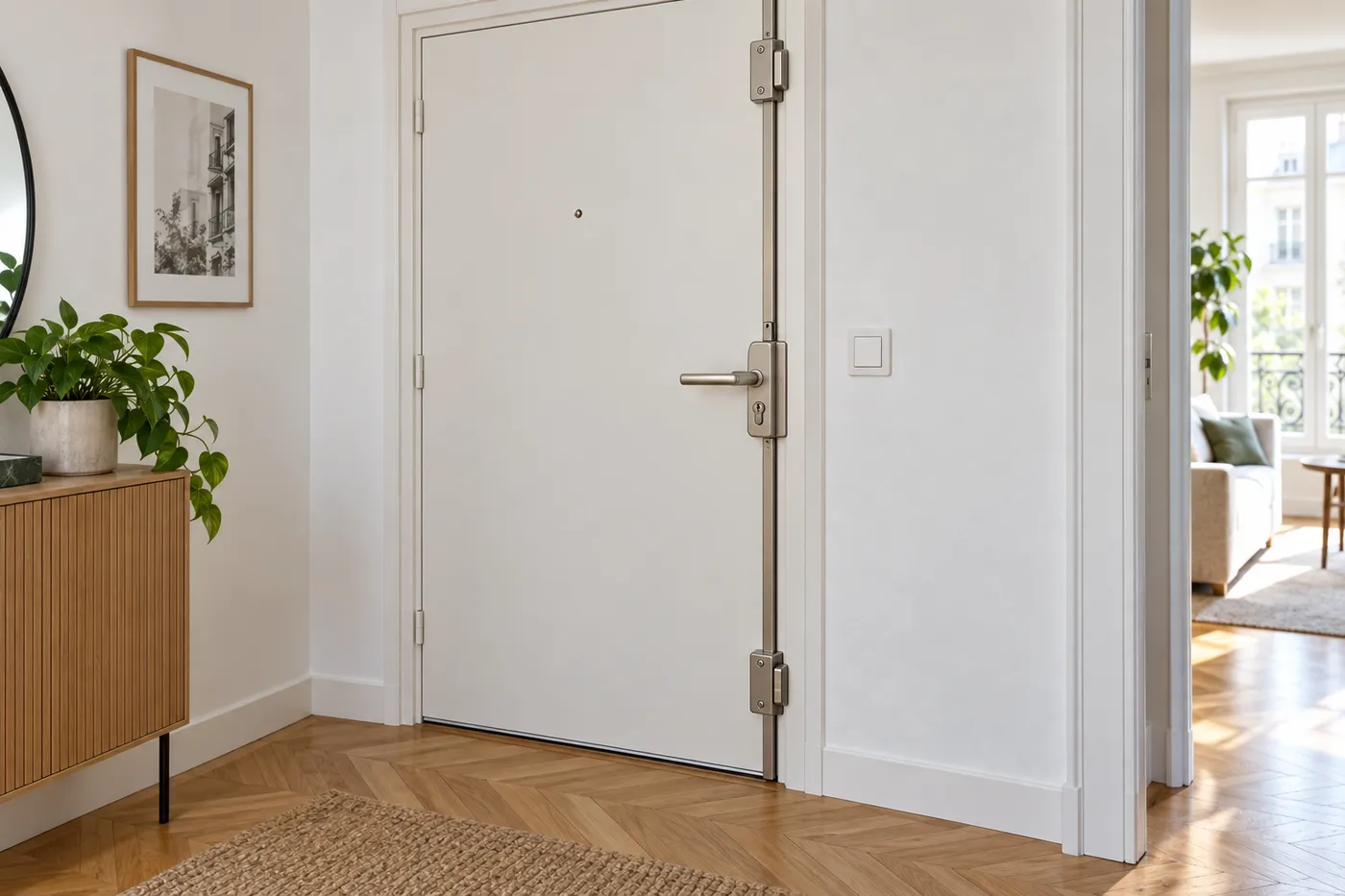 Face intérieure d'une porte palière d'appartement fermée, avec sa poignée et ses points de fermeture